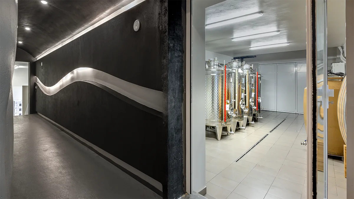 Stainless steel tanks in a volcanic cellar.