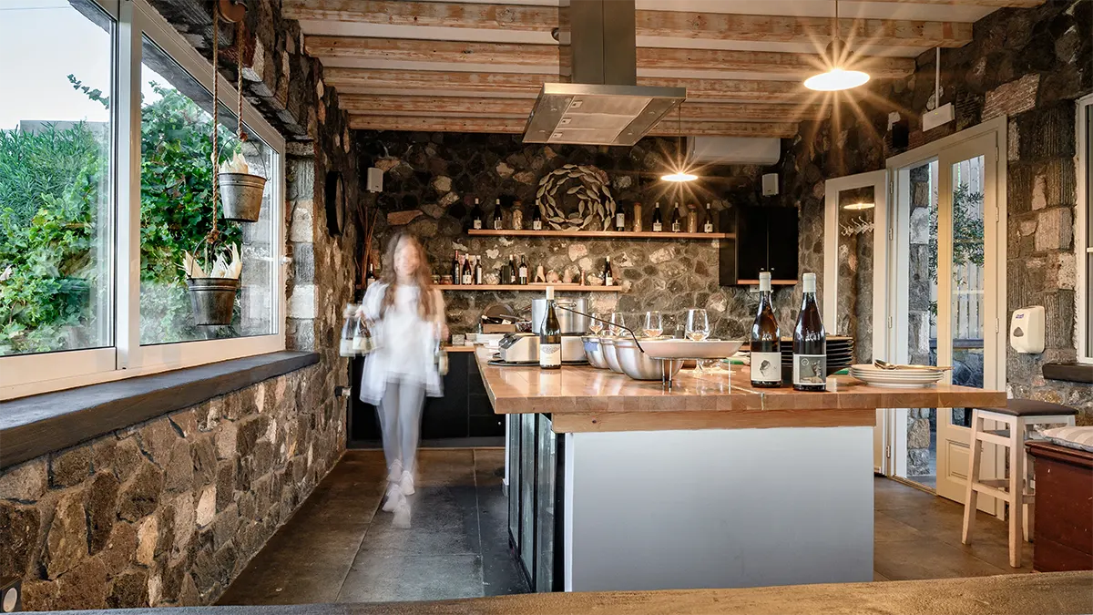 The interior of the stone-walled cooking class.