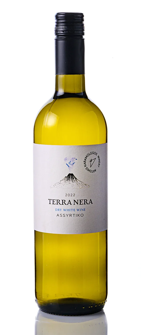 A bottle of Terra Nera Assyrtiko in a white background.