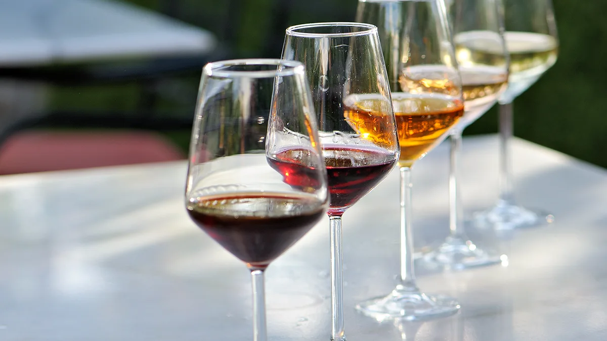 Five different glasses with white, rose, skin contact, red and dessert wine in a white marble teble.