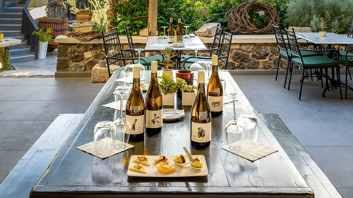 The exterior wine-tasting area with tables ready for a Food & Wine Pairing.