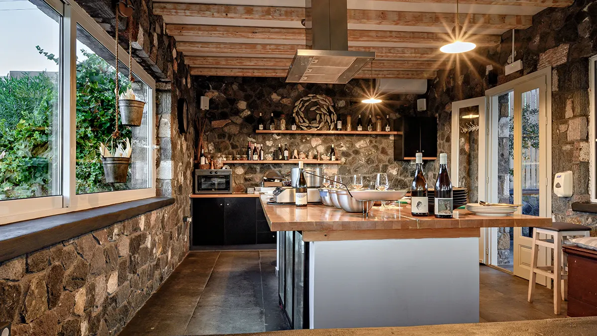 The interior of the stone-walled cooking class.