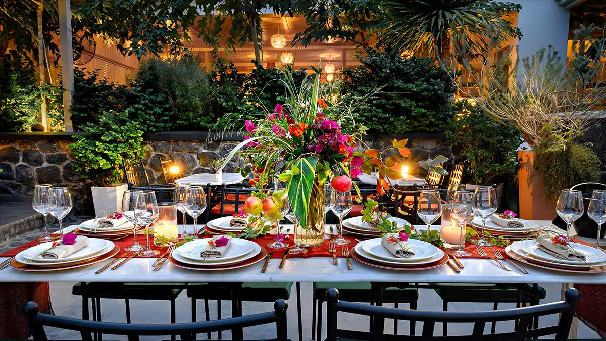 Event decoration with flowers and candles.