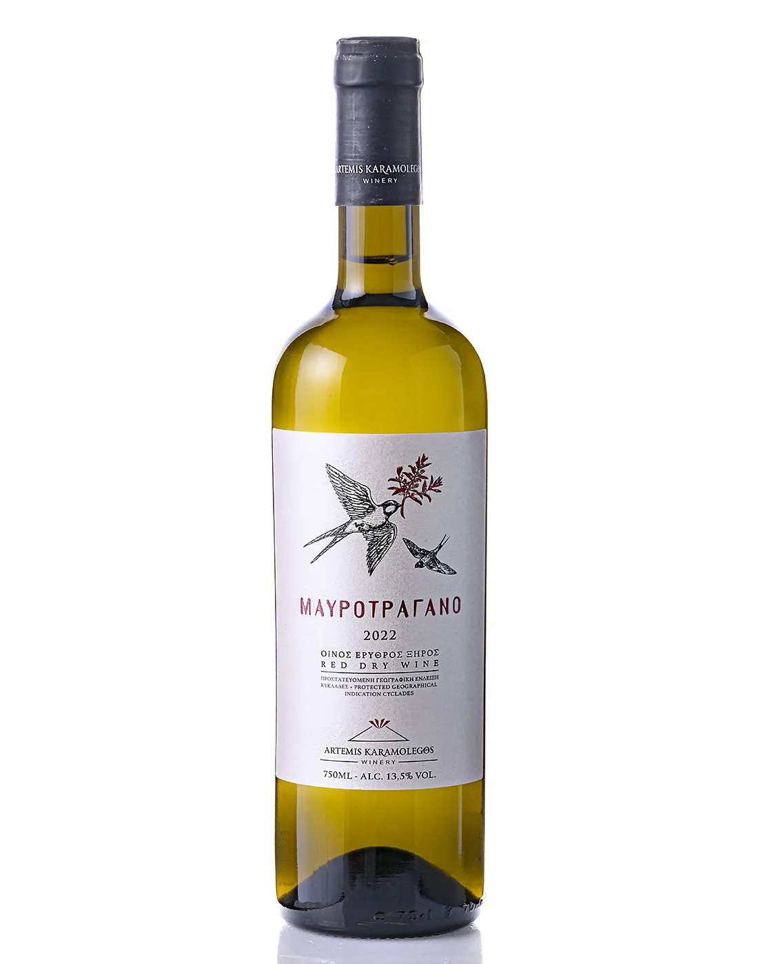 A bottle of Mavrotragano in a white background.