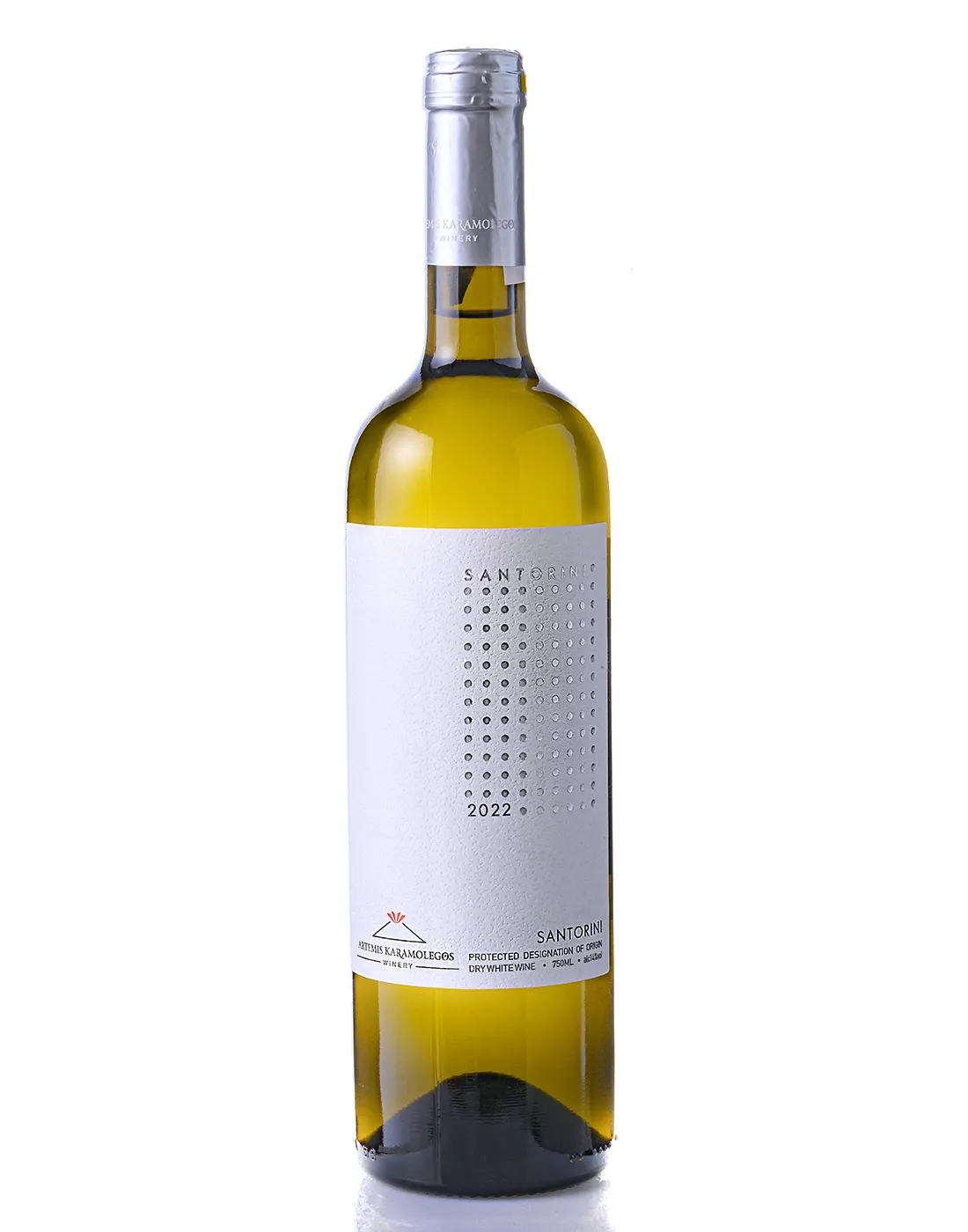 A bottle of Santorini in a white background.