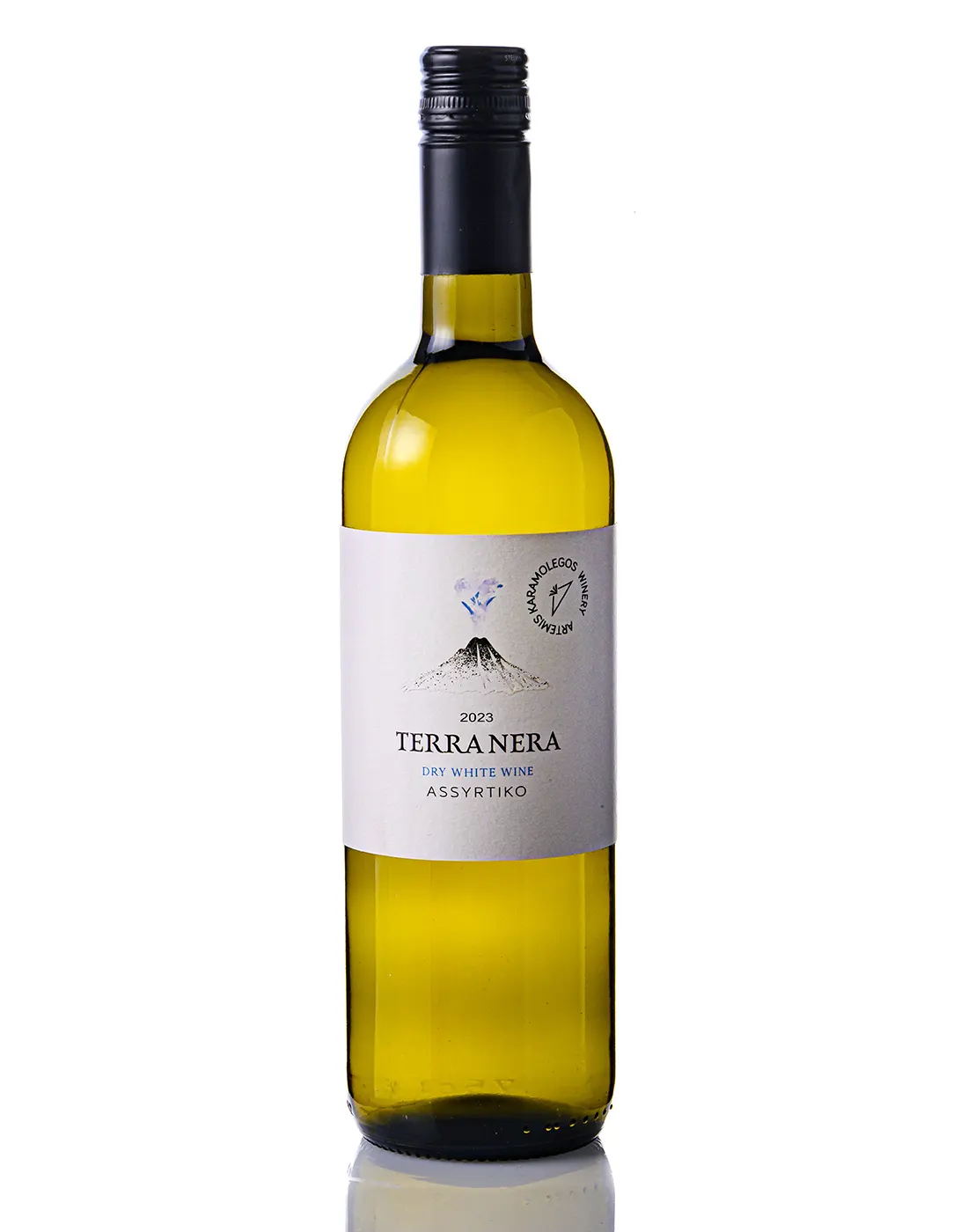 A bottle of Terra Nera Assyrtiko in a white background.